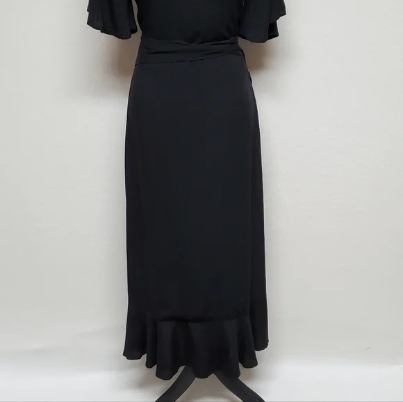 KOKO+MASON Black V-neck Asymmetric Ruffle Hem Butterfly Sleeve Wrap Dress Medium - Picture 14 of 16